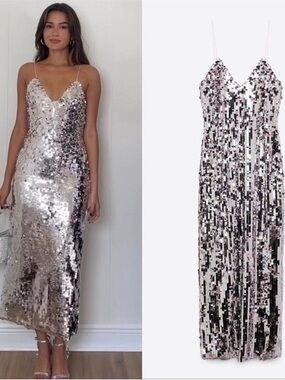 NWT ZARA SILVER SEQUIN cocktail evening RUNWAY blogger fave DRESS m $169